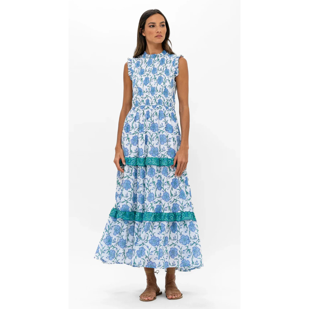 OLIPHANT Tuckernuck Poppy Blue Block Print Sleeveless Smocked Maxi Dress NEW S - Picture 3 of 12